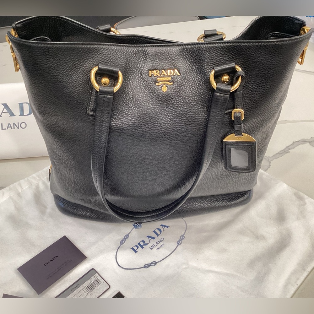 Authentic Prada bag large tote style black leather gold accents EUC